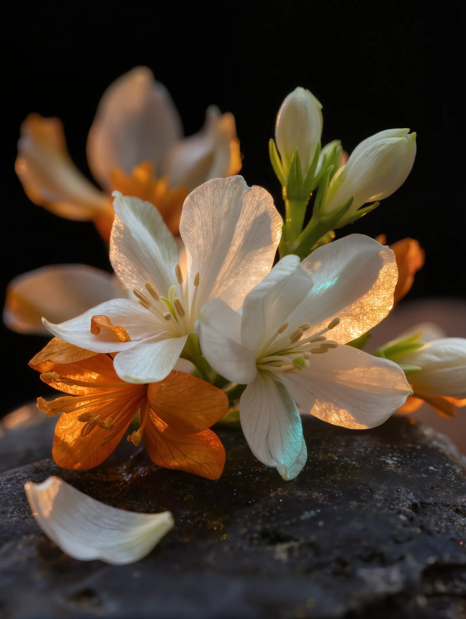 Fiori d’arancio e gelsomino appena aperti su una lastra di pietra