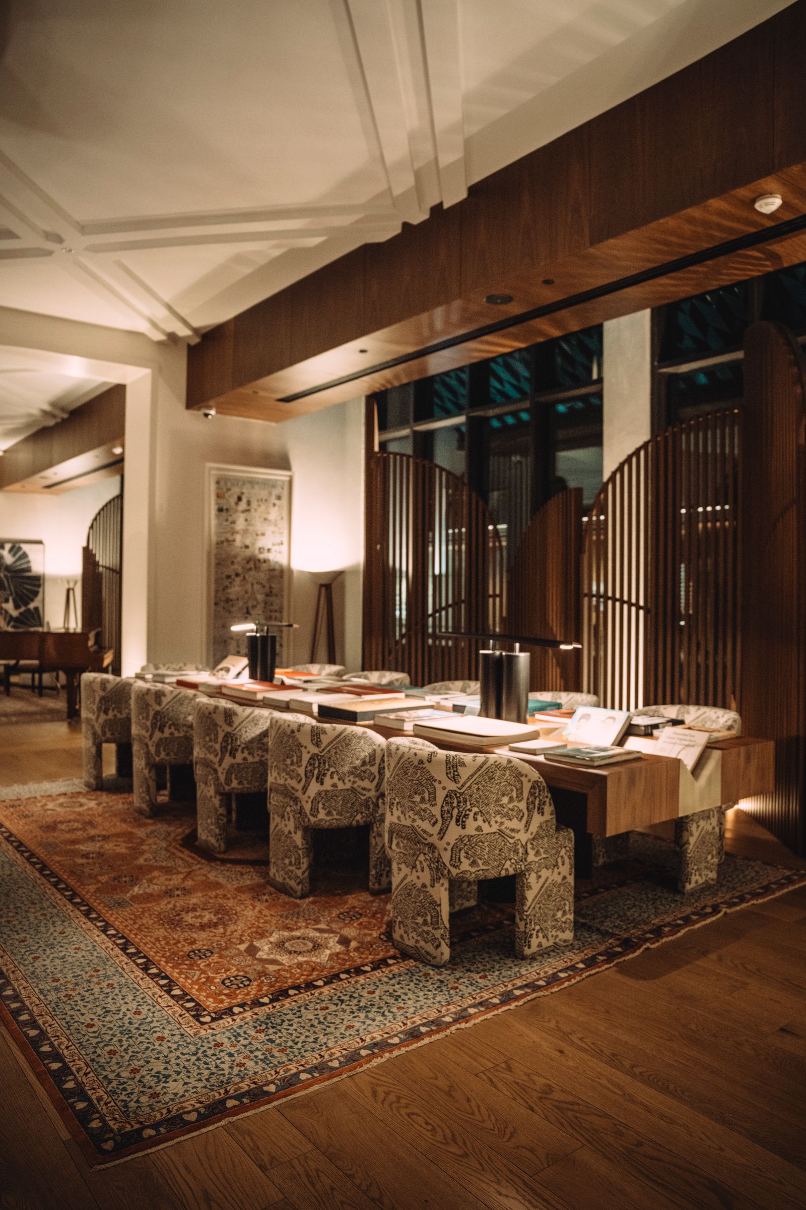 Elegant hotel lobby with warm, low ambient lighting