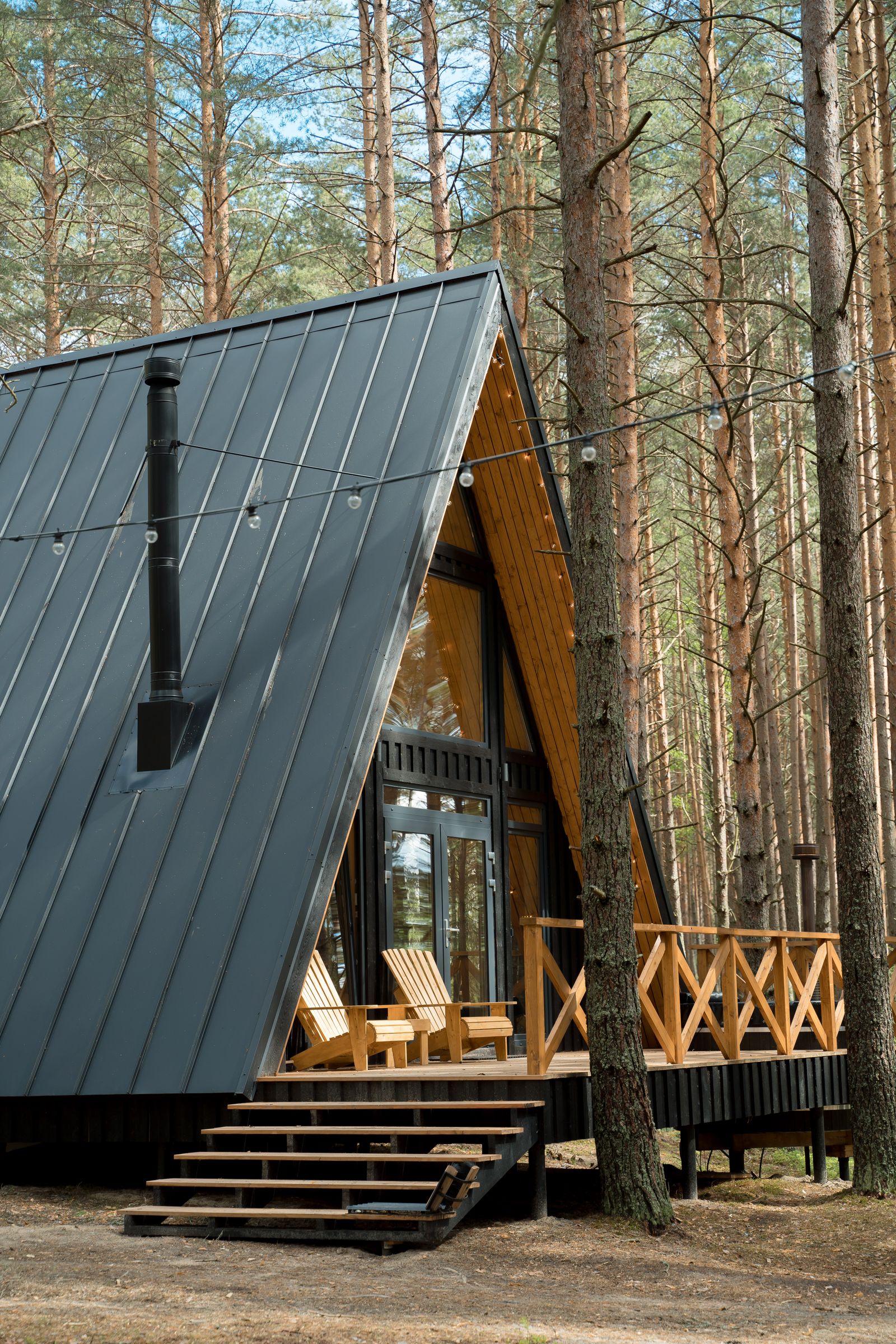 Modern cabin retreat among tall pine trees
